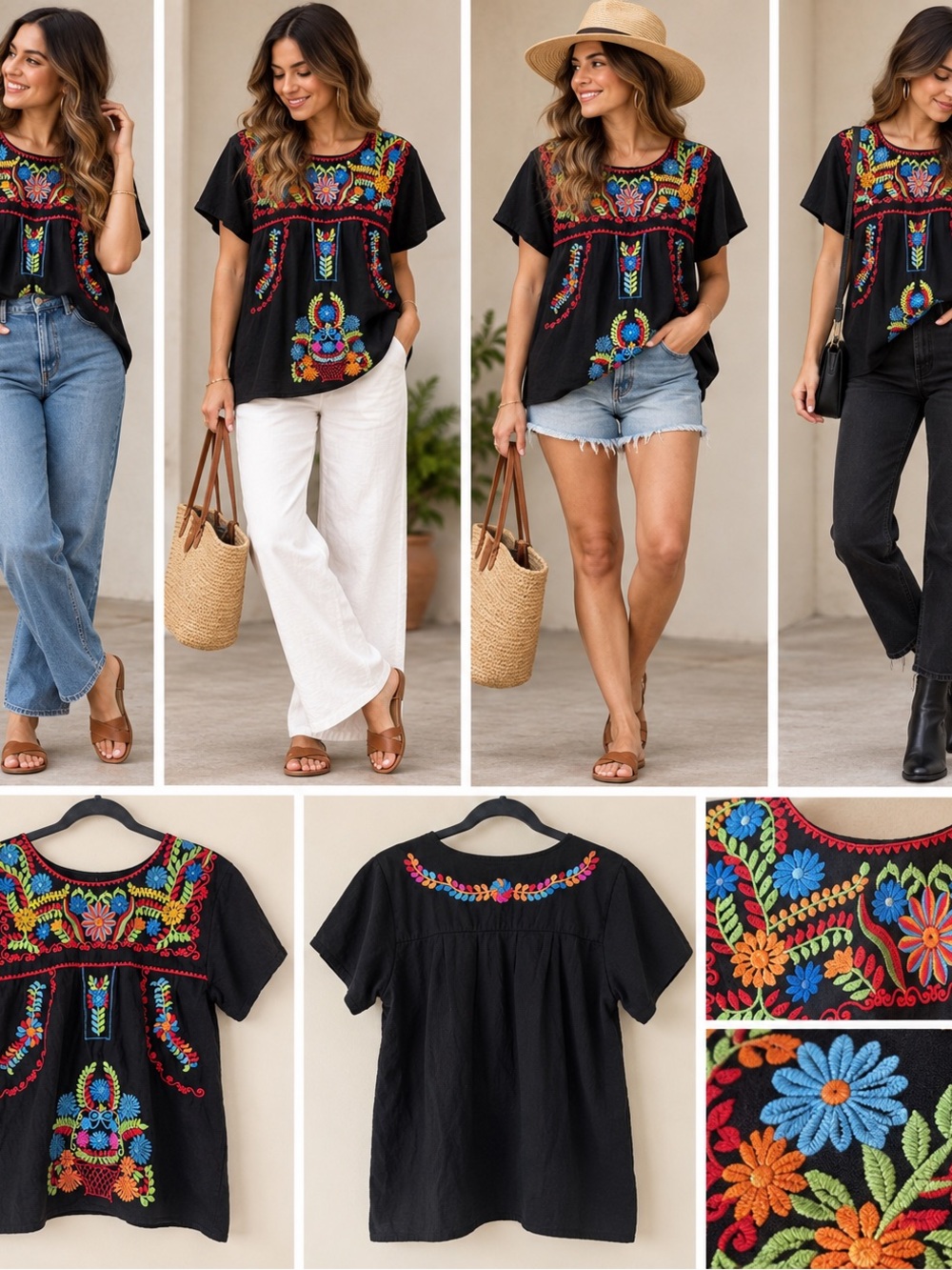 Black Embroidered Floral Short-Sleeve Women’s Blouse